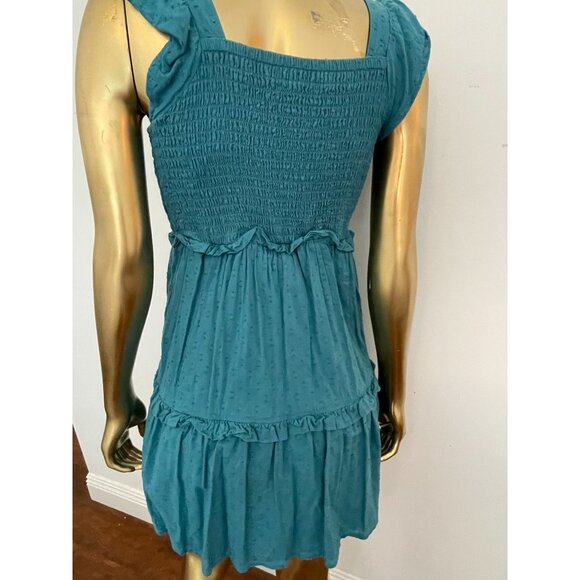 Vintage Y2K Old Navy Teal Smocked Dress With Ruffle Straps & Skirt Cottagecore - Picture 3 of 12